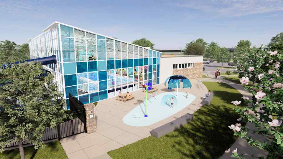 A building with a pool and a swimming pool.