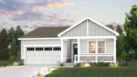 A house with a garage and trees. Cimarron Floorplan, Elevation A