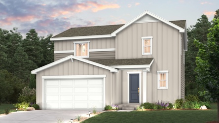Mackenzie Elevation A rendering with landscaping, garage, driveway and exterior paint colors 