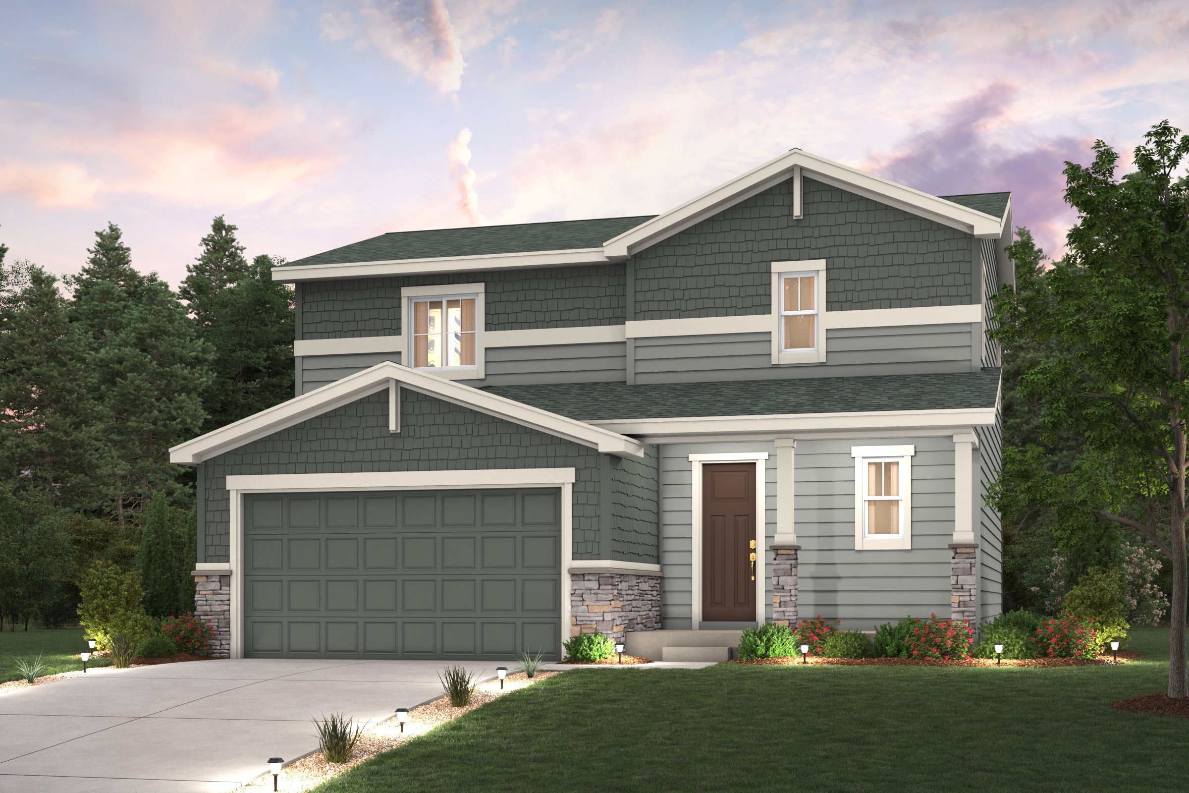 Mackenzie Elevation B rendering with landscaping, garage, driveway and exterior paint colors 