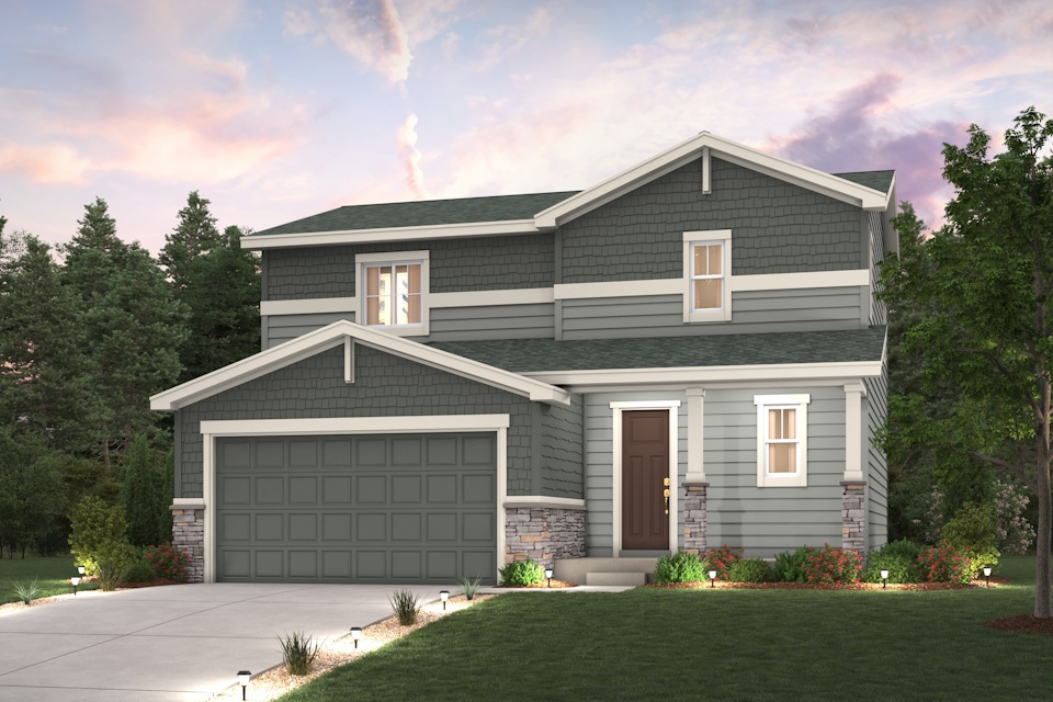 Mackenzie Elevation B rendering with landscaping, garage, driveway and exterior paint colors