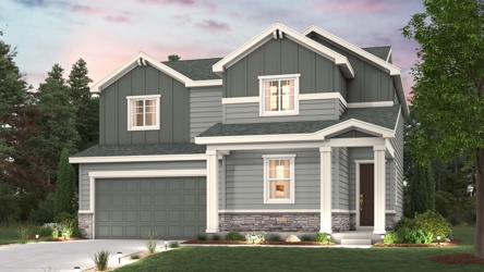 Powell Elevation C rendering image with home illustration with landscaping and driveway