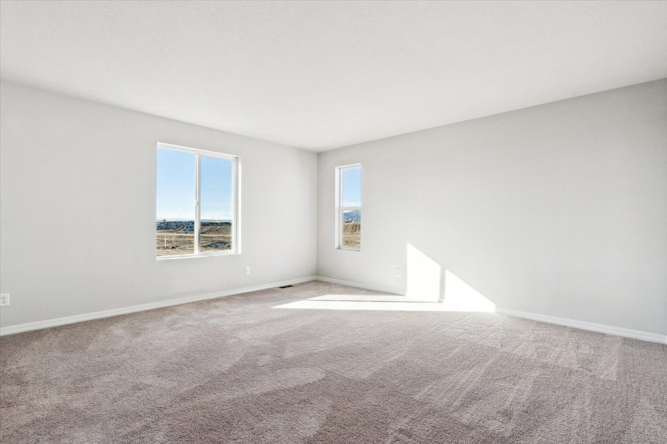 A room with a carpet and windows.