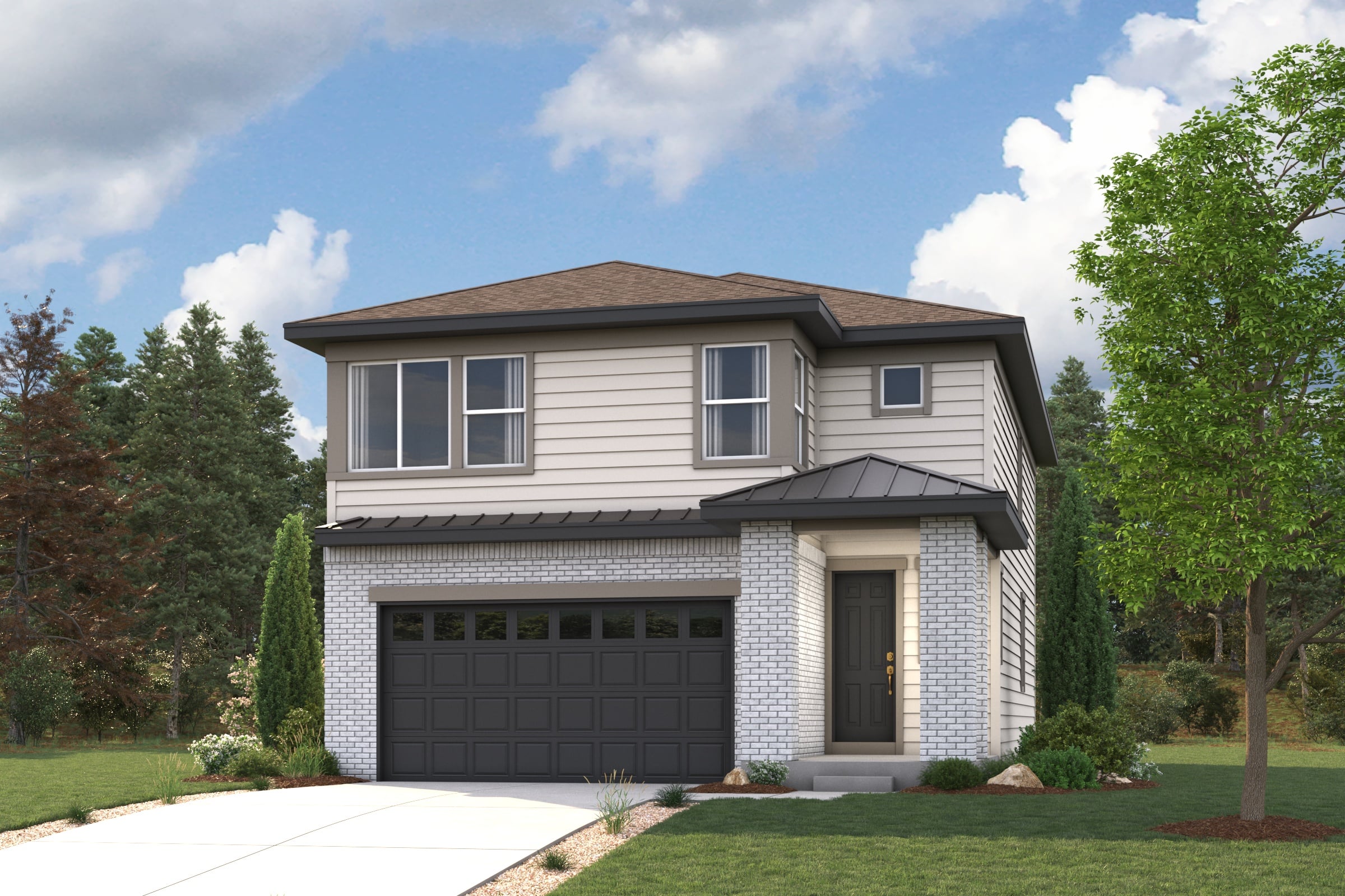 A house with a garage and trees around it.