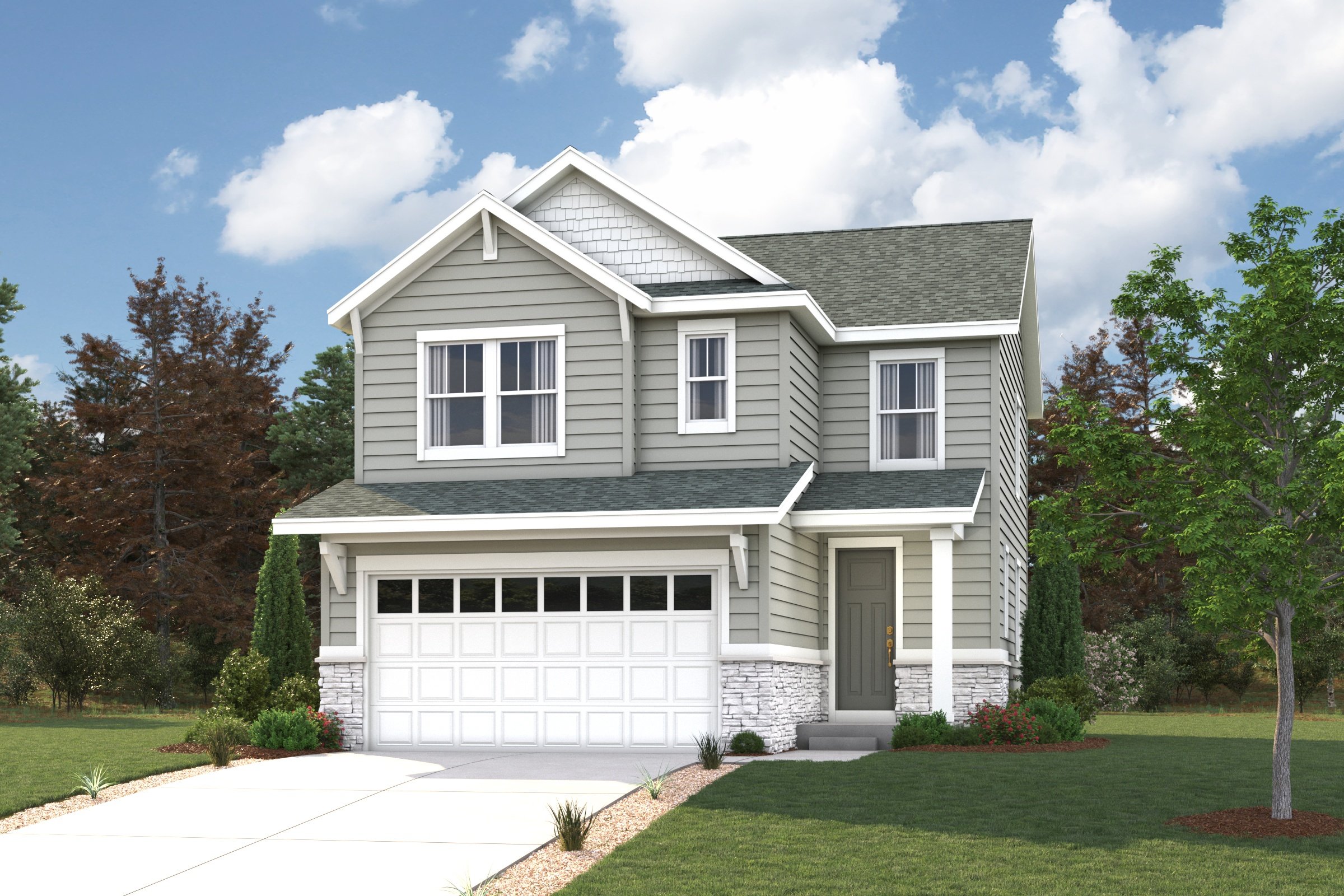 A white house with a garage.