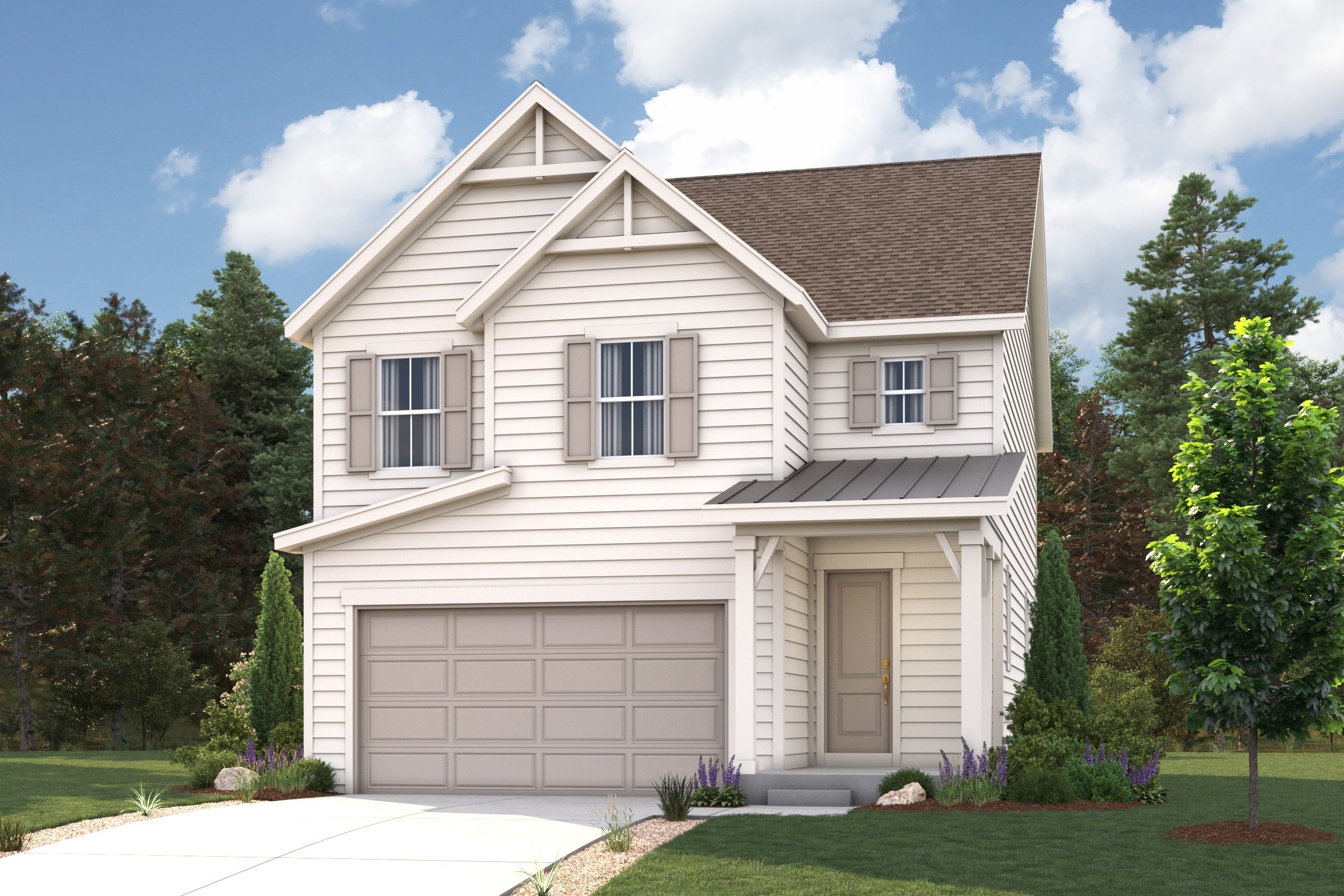 A house with a garage and trees.