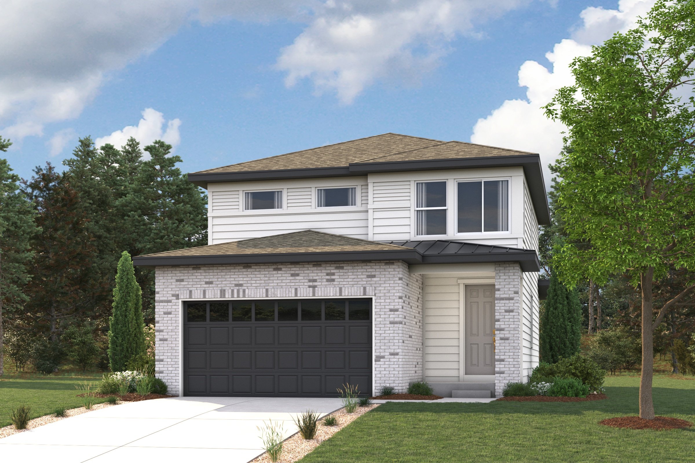 A house with a garage and trees around it.