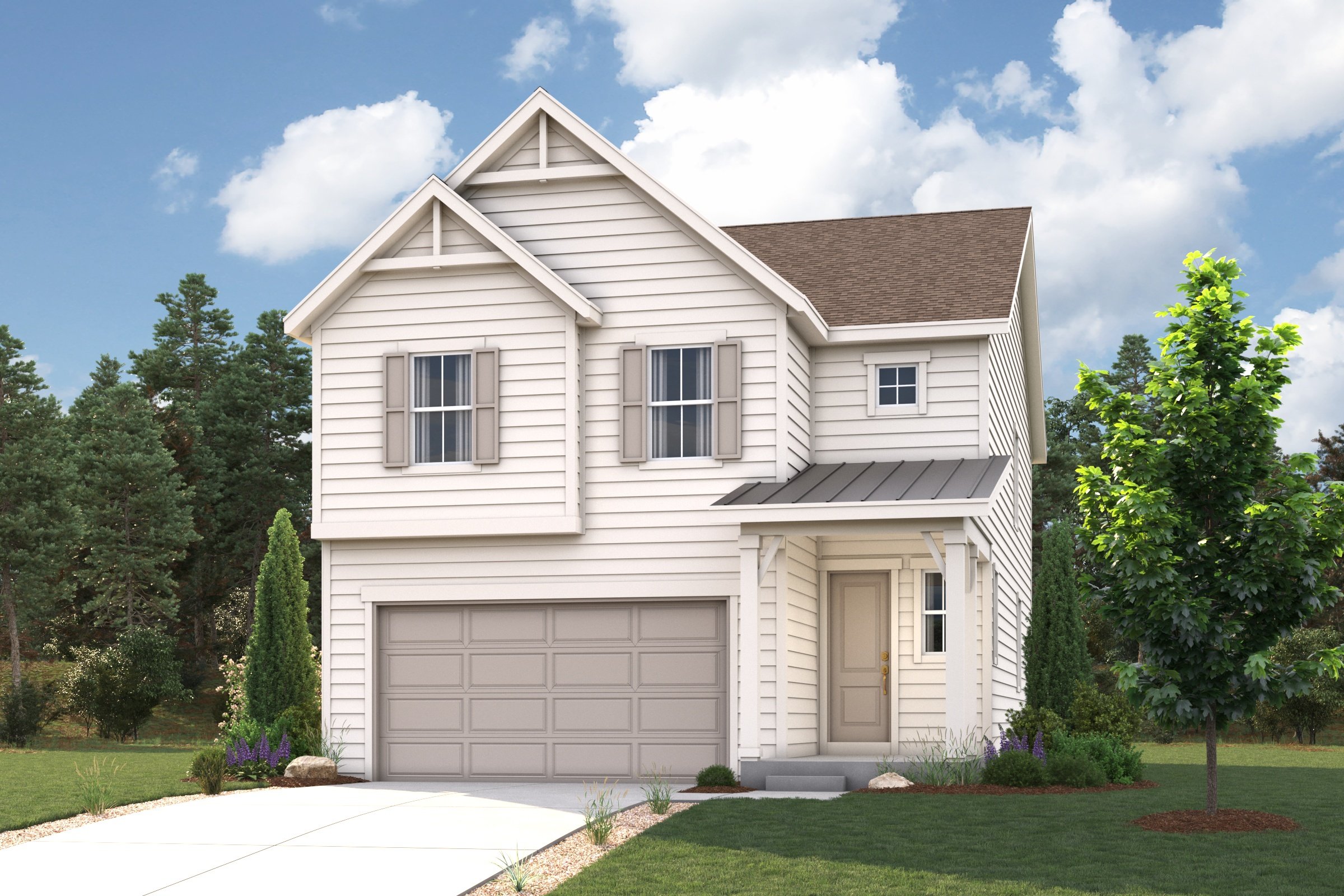A house with a garage and trees.
