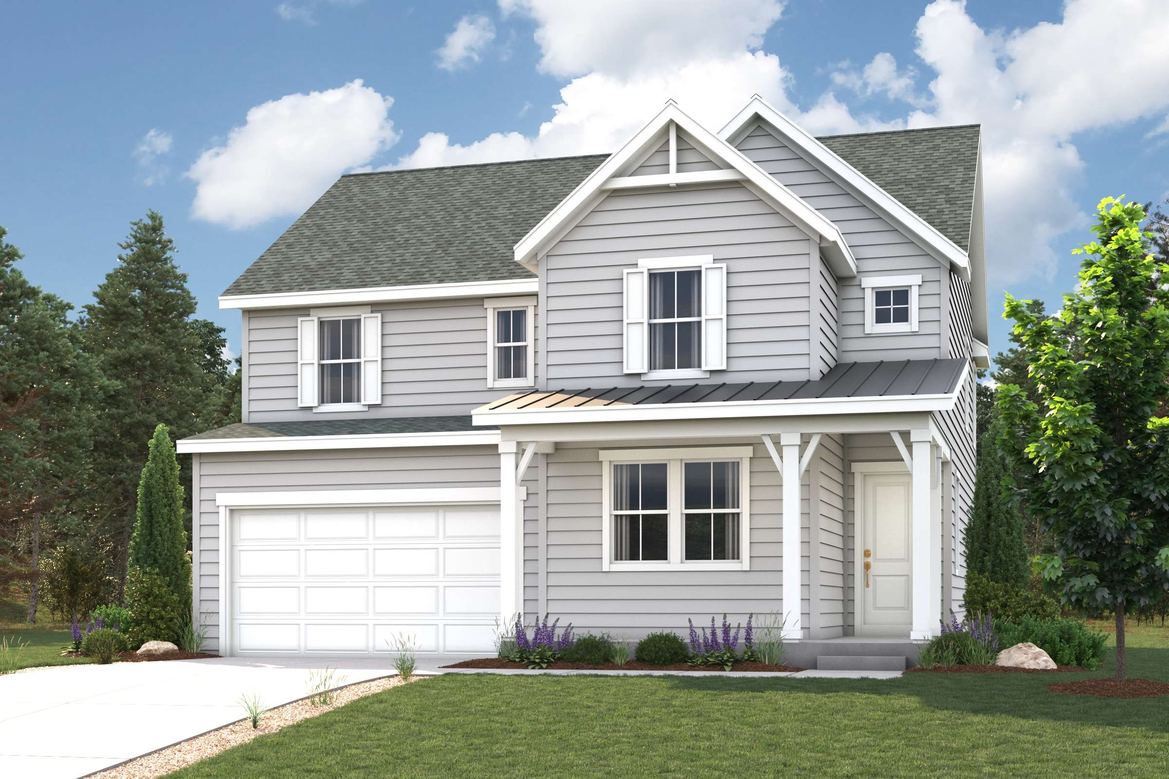 A white house with a garage.