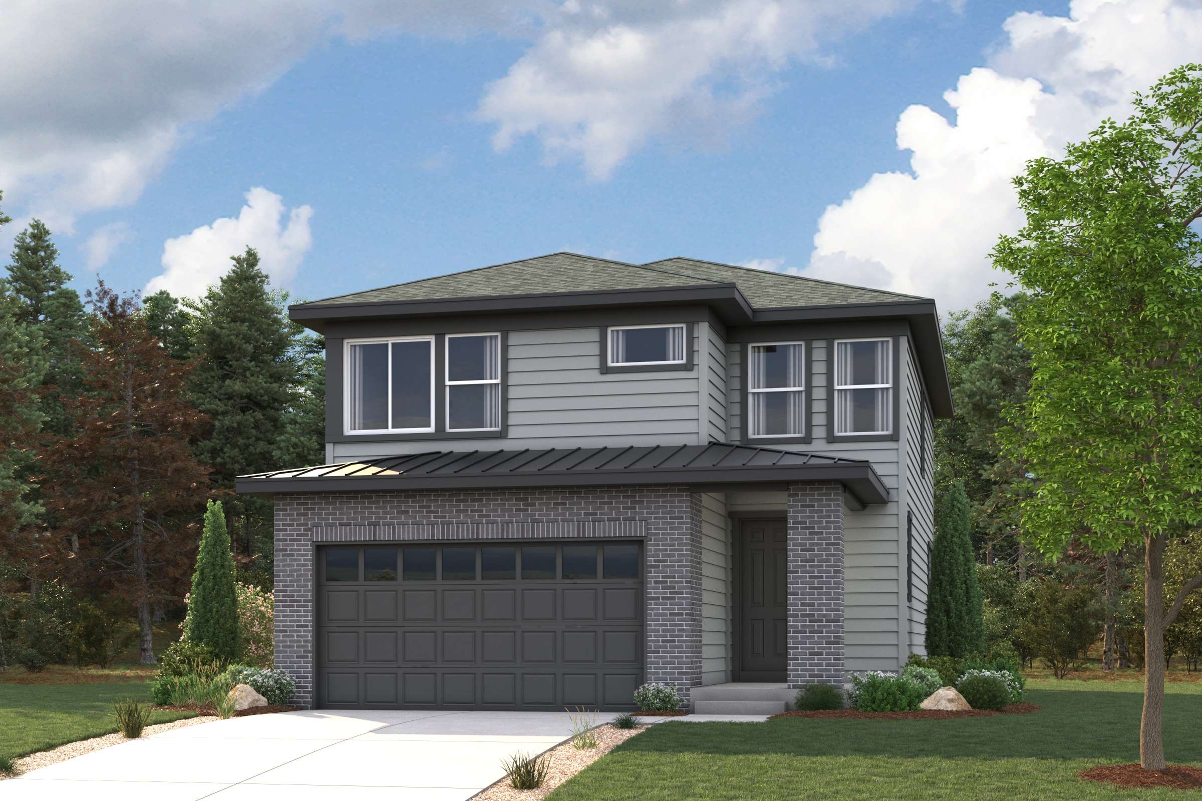 A house with a garage and trees around it.