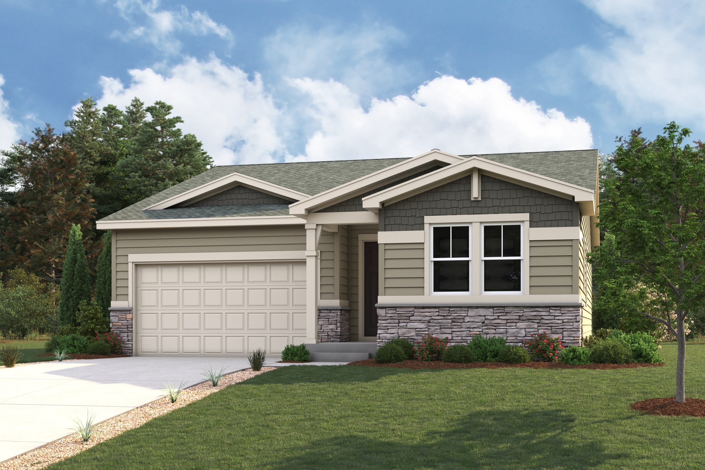 A house with a garage and trees.
