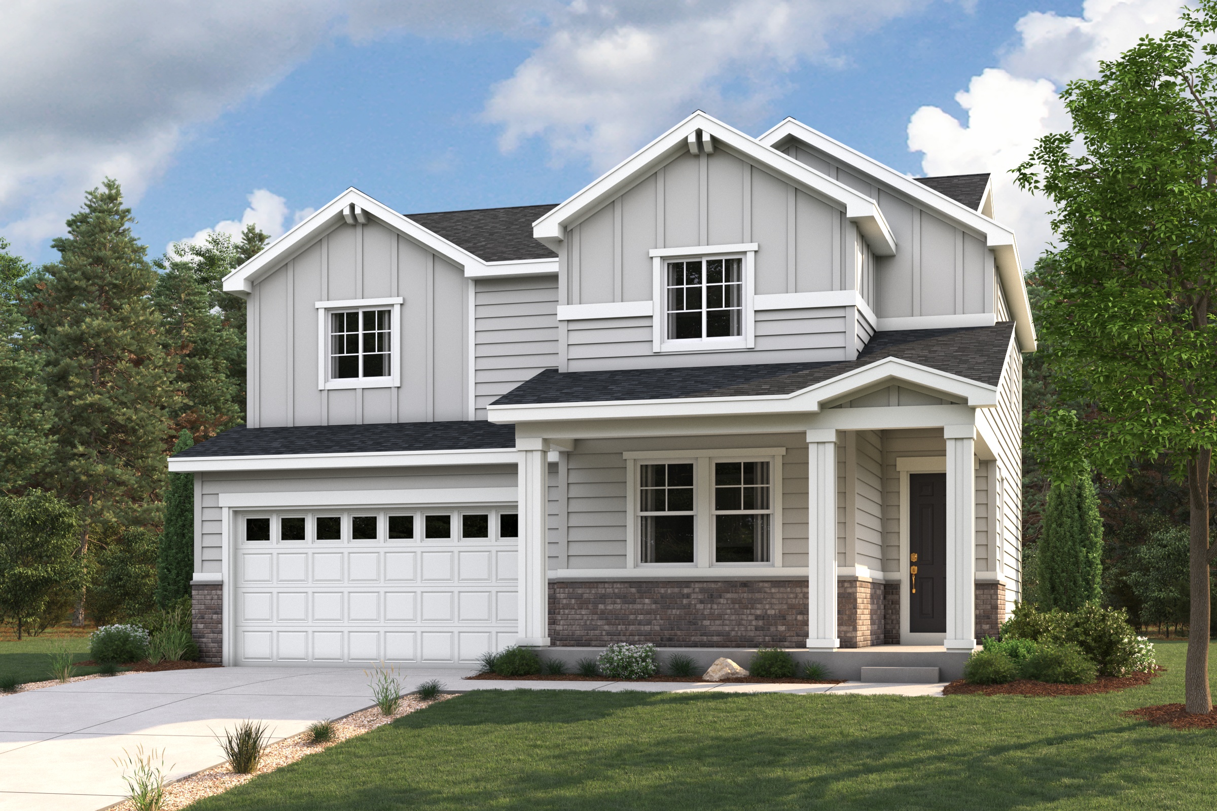 A white house with a garage.