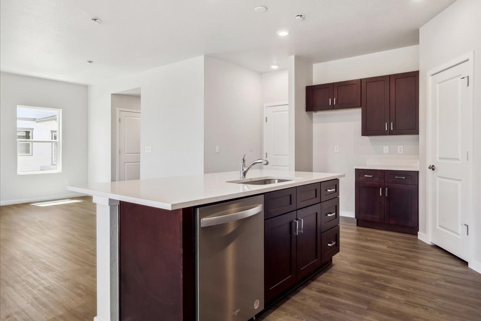 A kitchen with black cabinets.