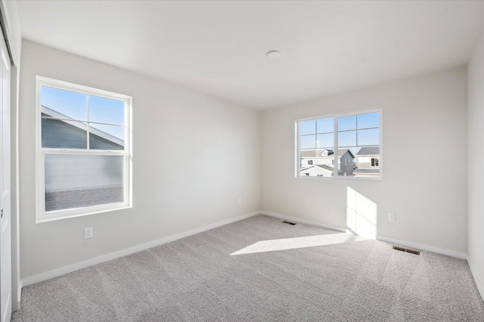 A room with a carpet and windows.