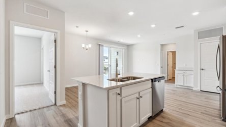 A kitchen with white cabinets.
