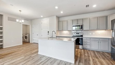 A kitchen with white cabinets.