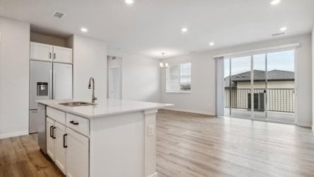 A kitchen with white cabinets.