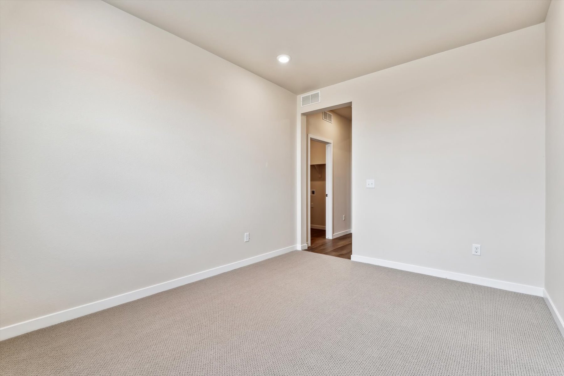 A hallway with a carpet.