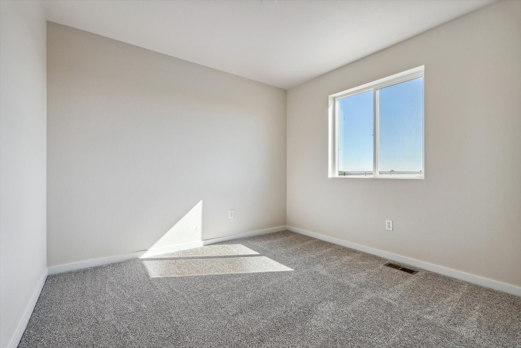 A room with a window and a rug.