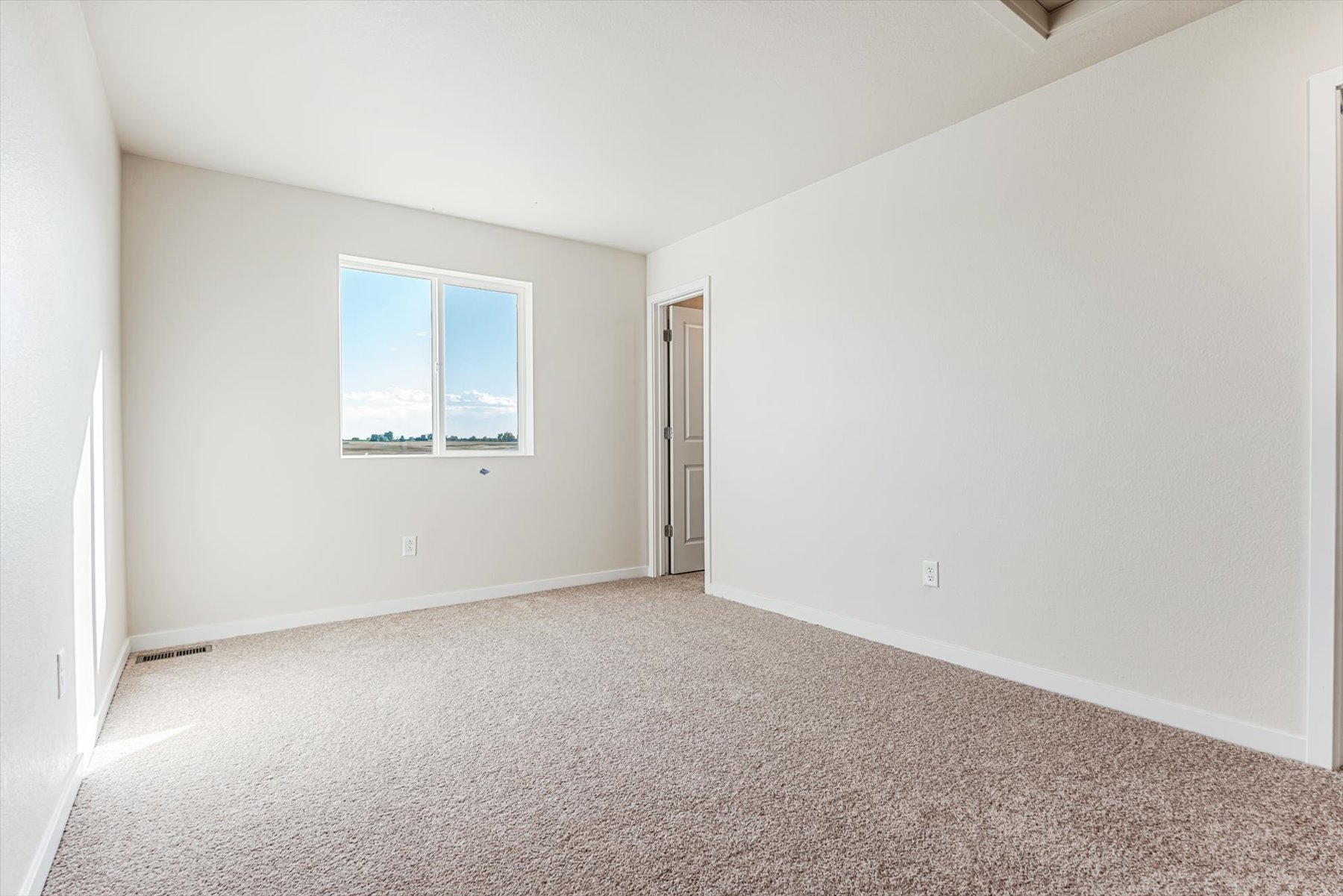 A room with a carpet and a door.