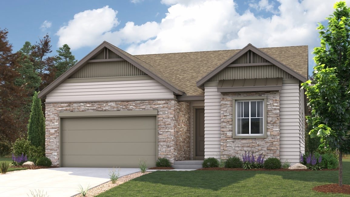 A house with a garage. Acadia Rendering Image Elevation A