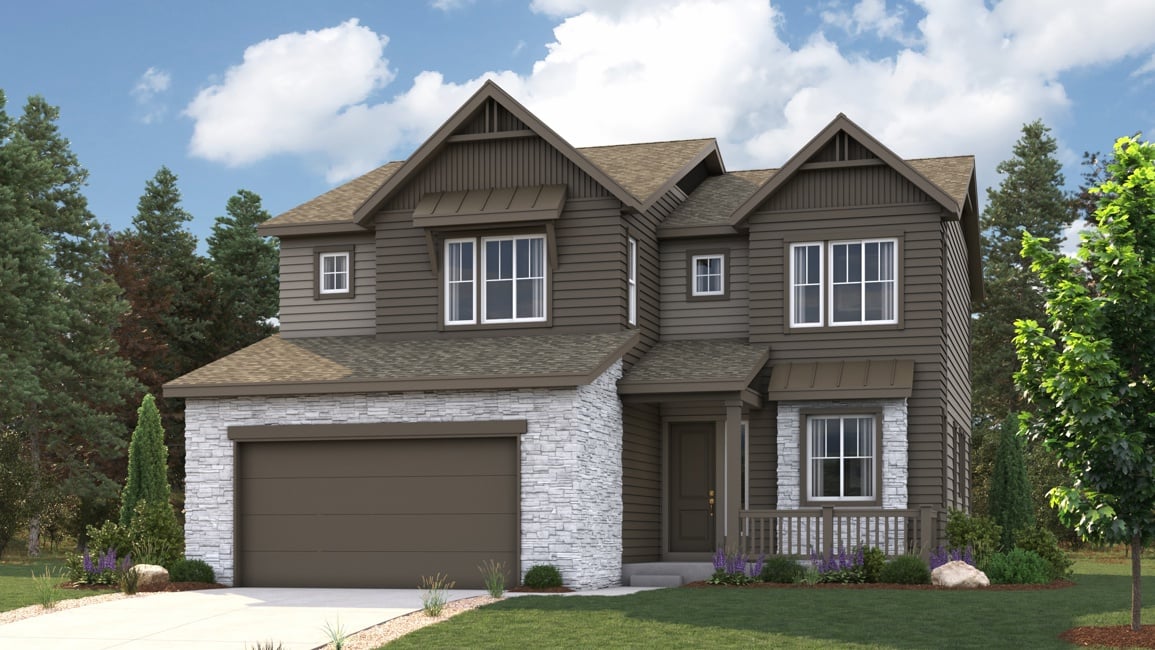 A house with a garage and trees. Olympic Rendering Image, Elevation A