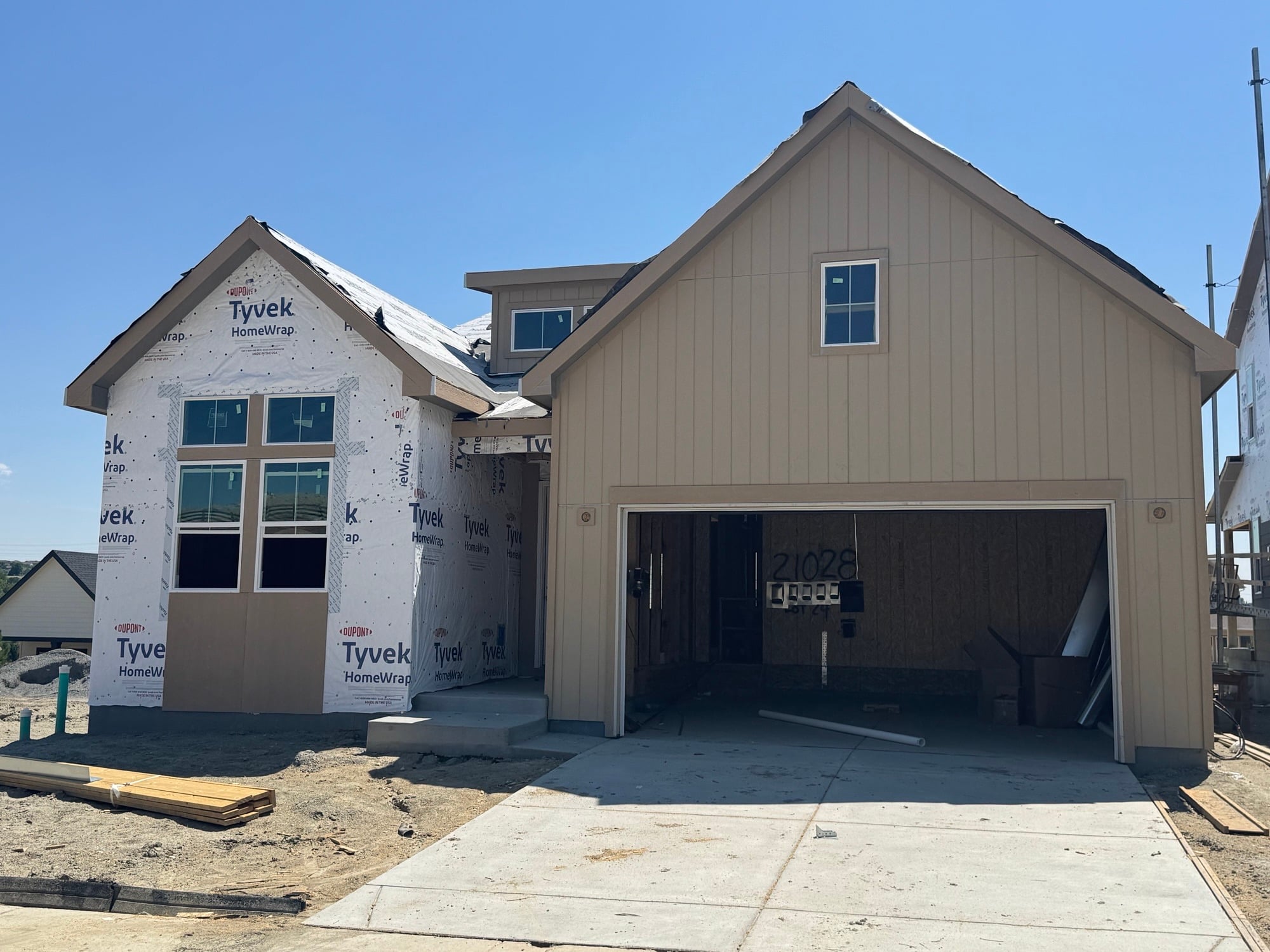 A building with a garage.