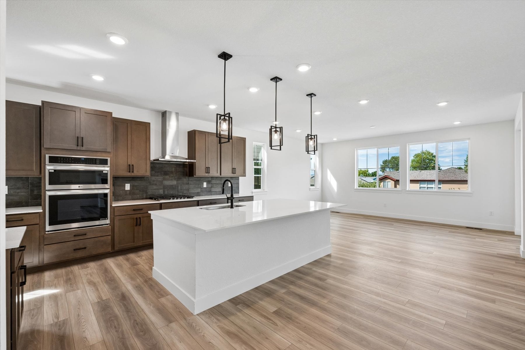 A kitchen with a large island.