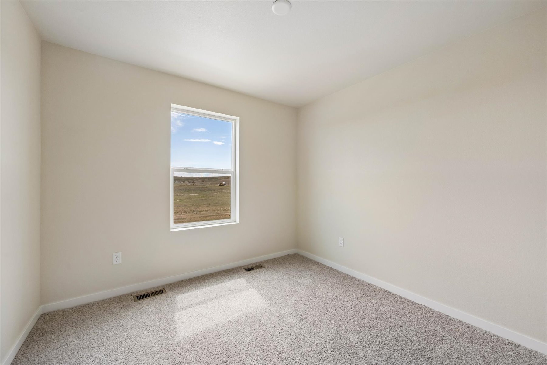 A room with a window and a carpet.