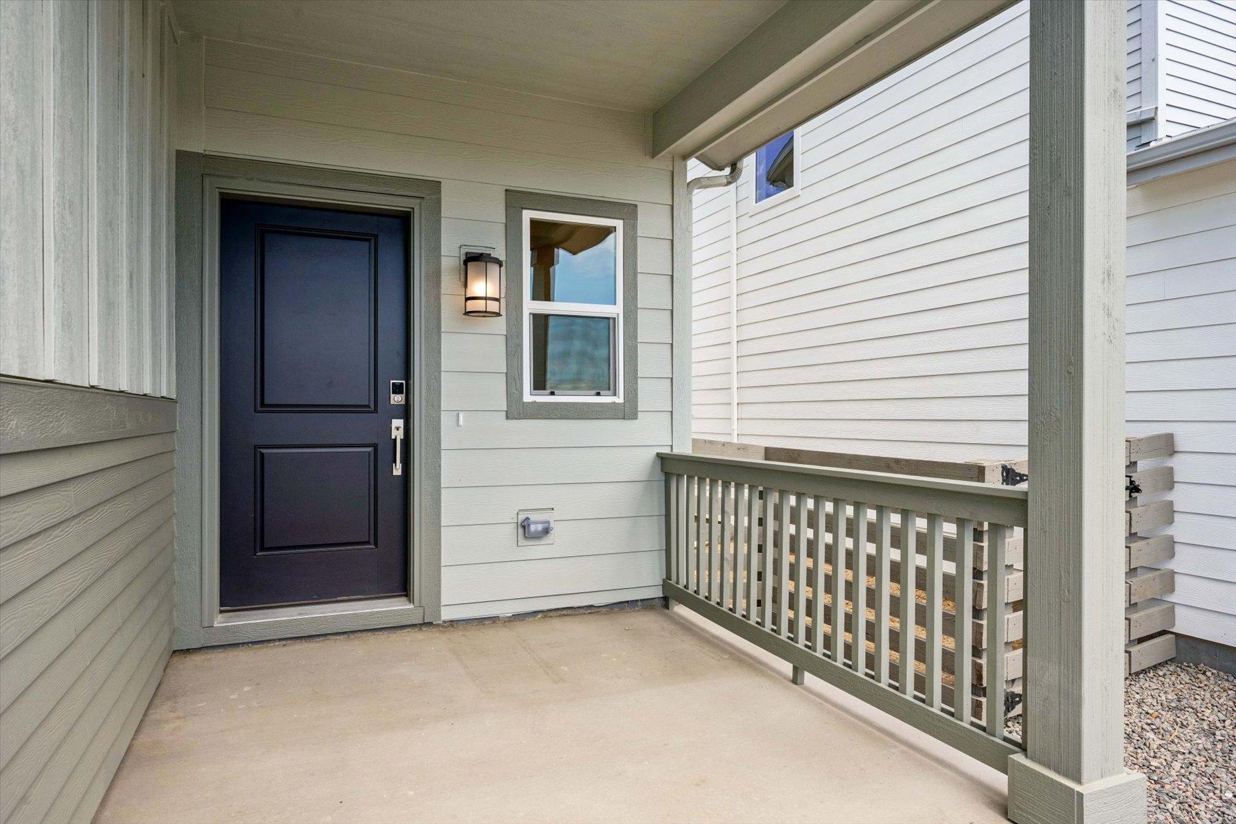 A house with a blue door.
