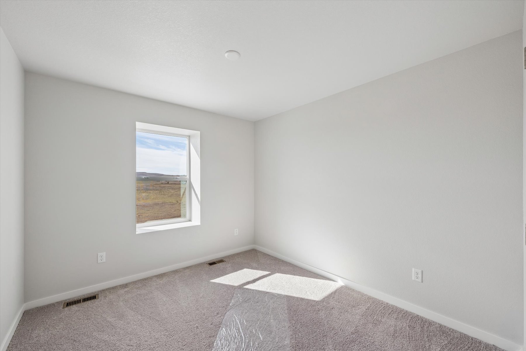 A room with a window and carpet.