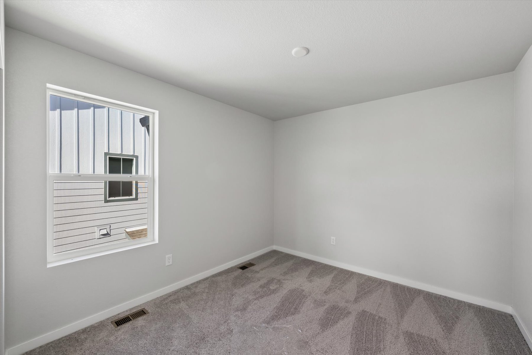 A room with a window and a rug.