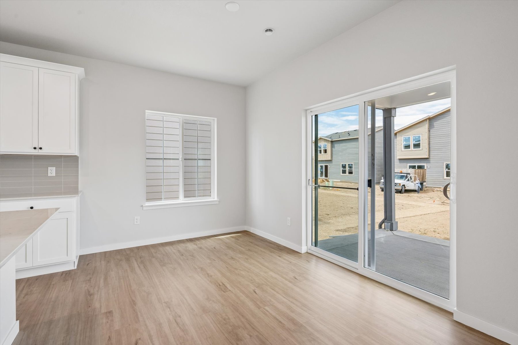 A room with a glass door.