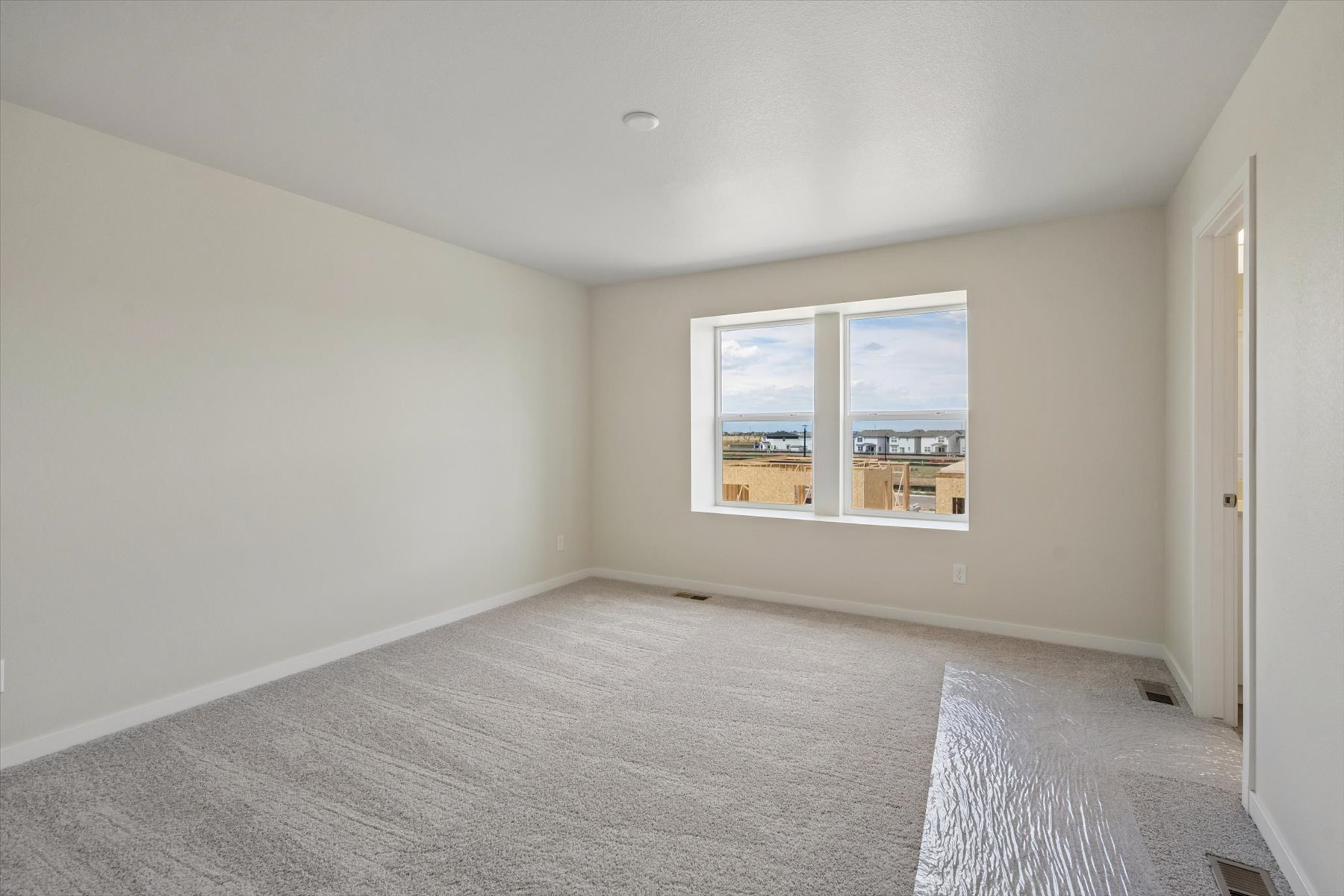 A room with a window and a rug.