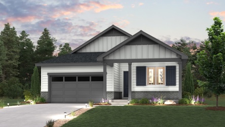 A house with a driveway and a lawn with trees in the back. Cumberland home rendering image with landscaping and driveway Elevation A 