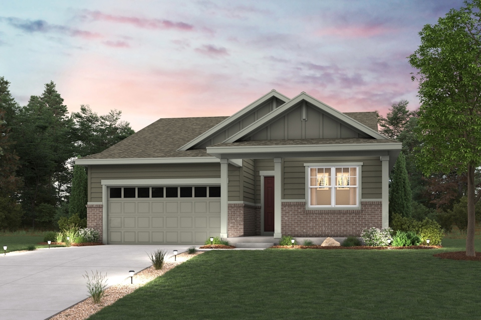 A house with a driveway and a lawn with trees and a cloudy sky. Elevation C Rendering with landscaping