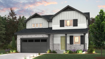 Ontario Floorplan Rendering with landscaping and Elevation A exterior Finishes