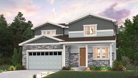 A house with a garage. Ontario Floorplan Rendering with landscaping and Elevation B exterior Finishes