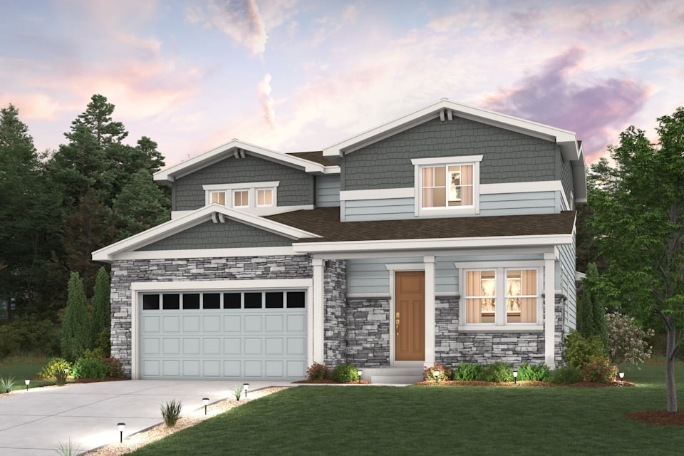 A house with a garage. Ontario Floorplan Rendering with landscaping and Elevation B exterior Finishes