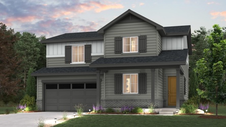 Powell Floorplan Rendering with landscaping and Elevation A exterior Finishes