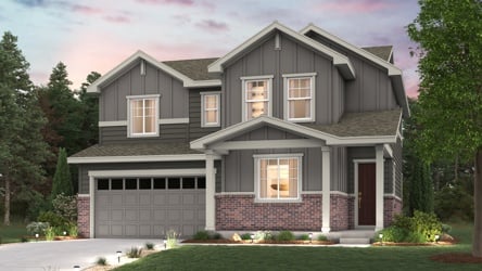 Powell Floorplan Rendering with landscaping and Elevation C exterior Finishes