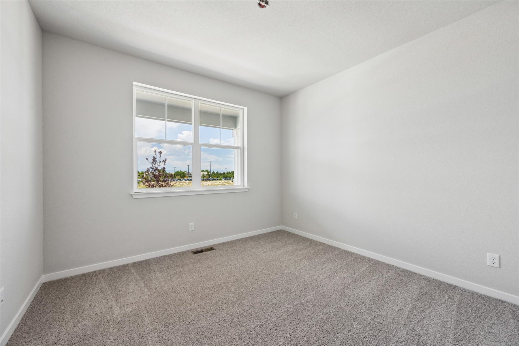 A room with a window and a carpet.