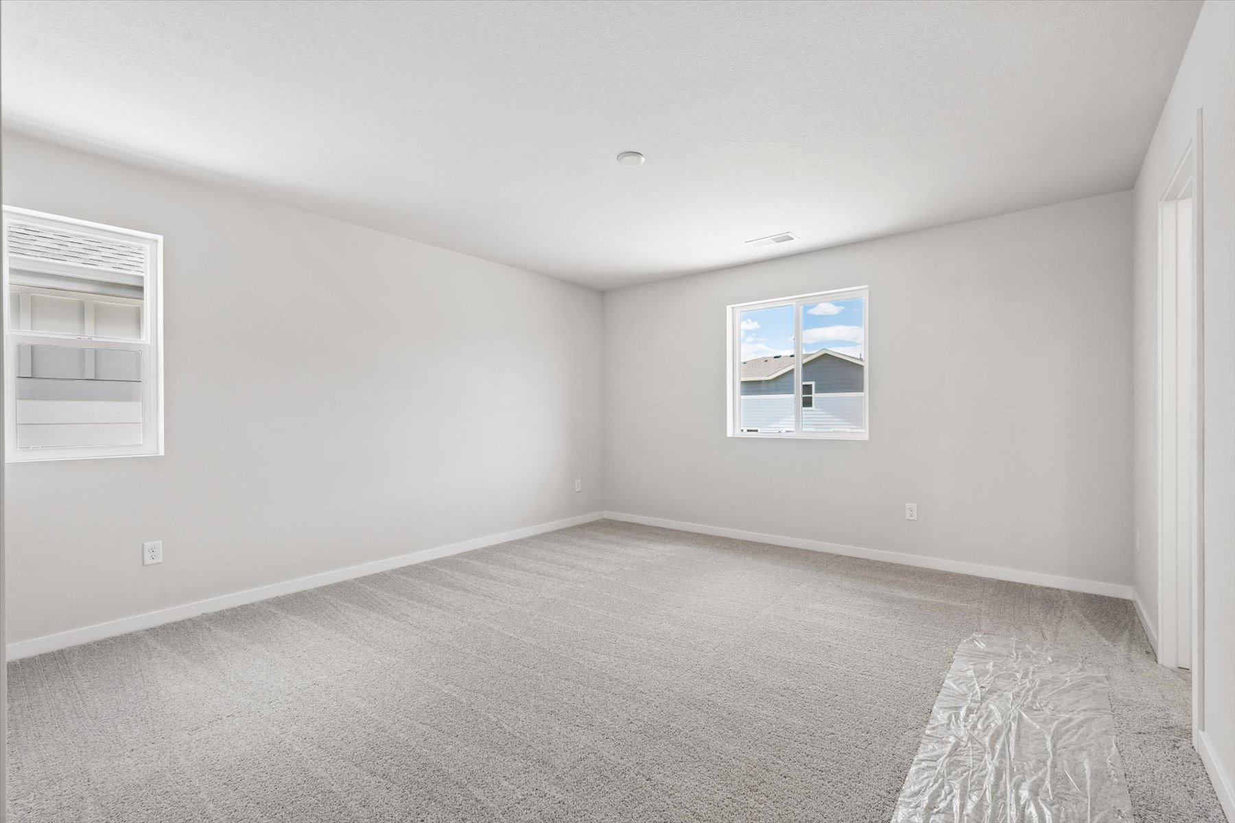 A room with a carpet and windows.