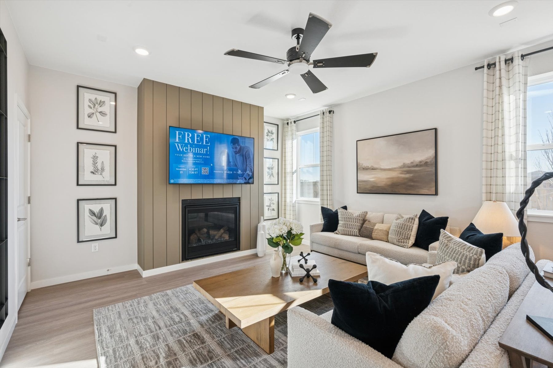 A living room with a fireplace.