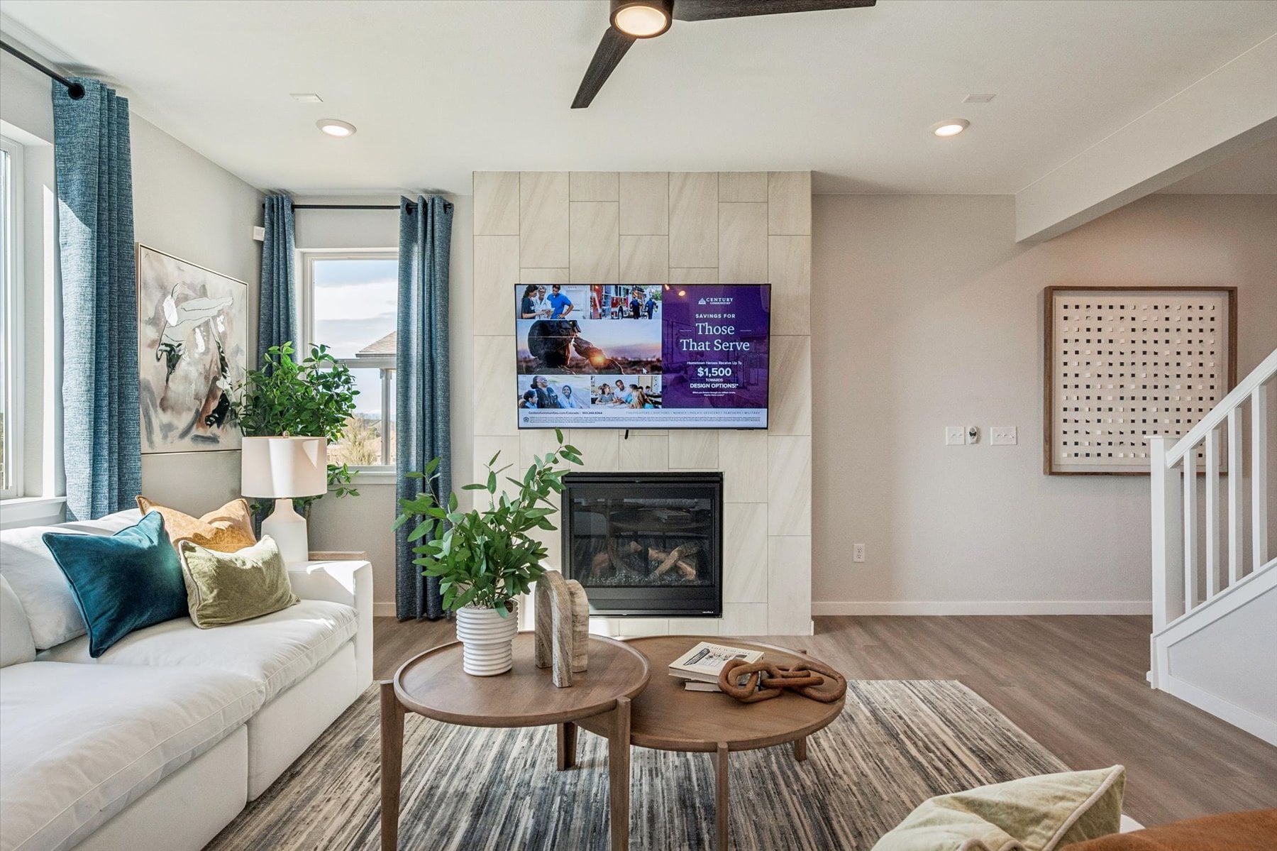 A living room with a fireplace.