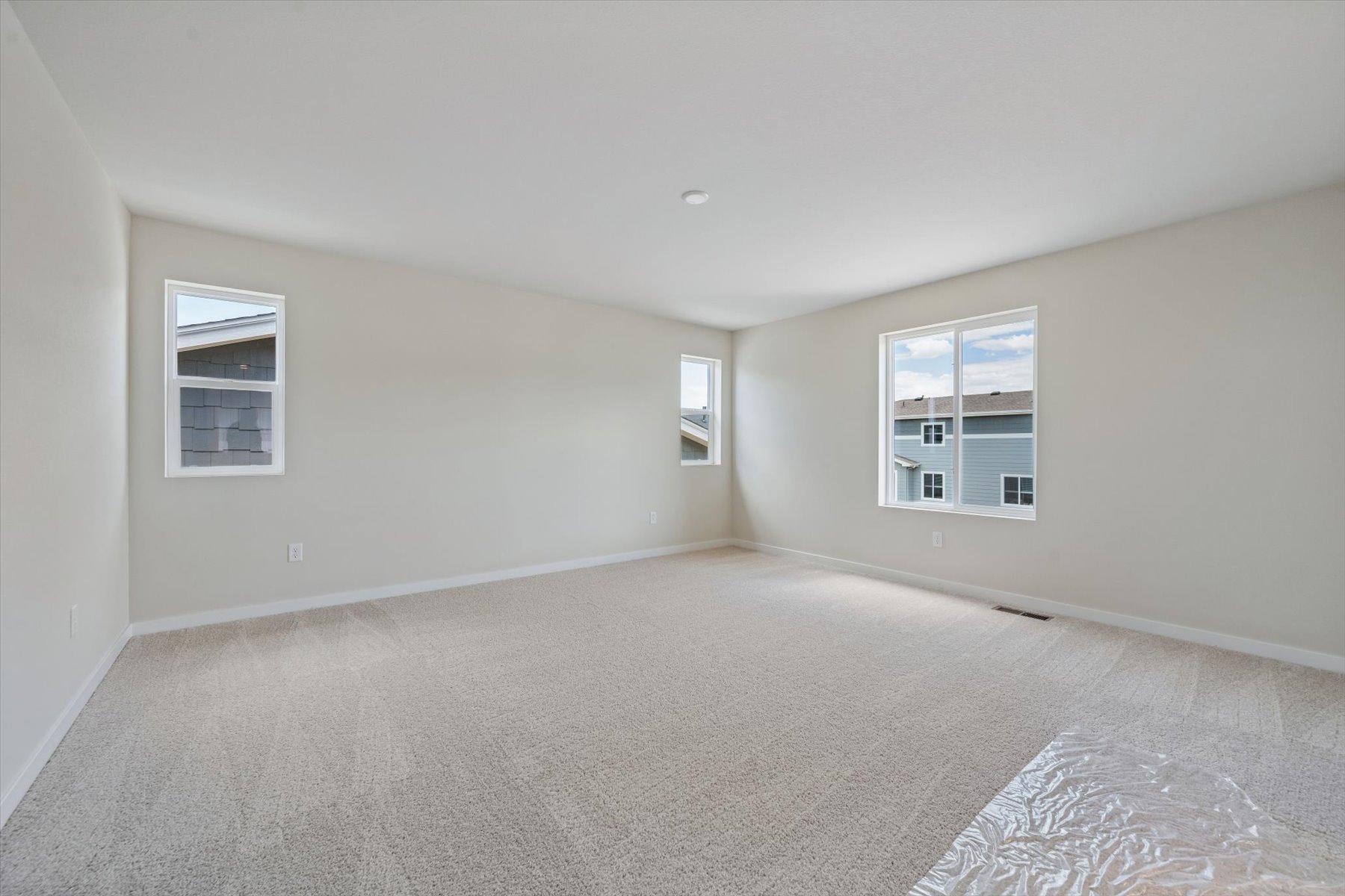 A room with a carpet and windows.