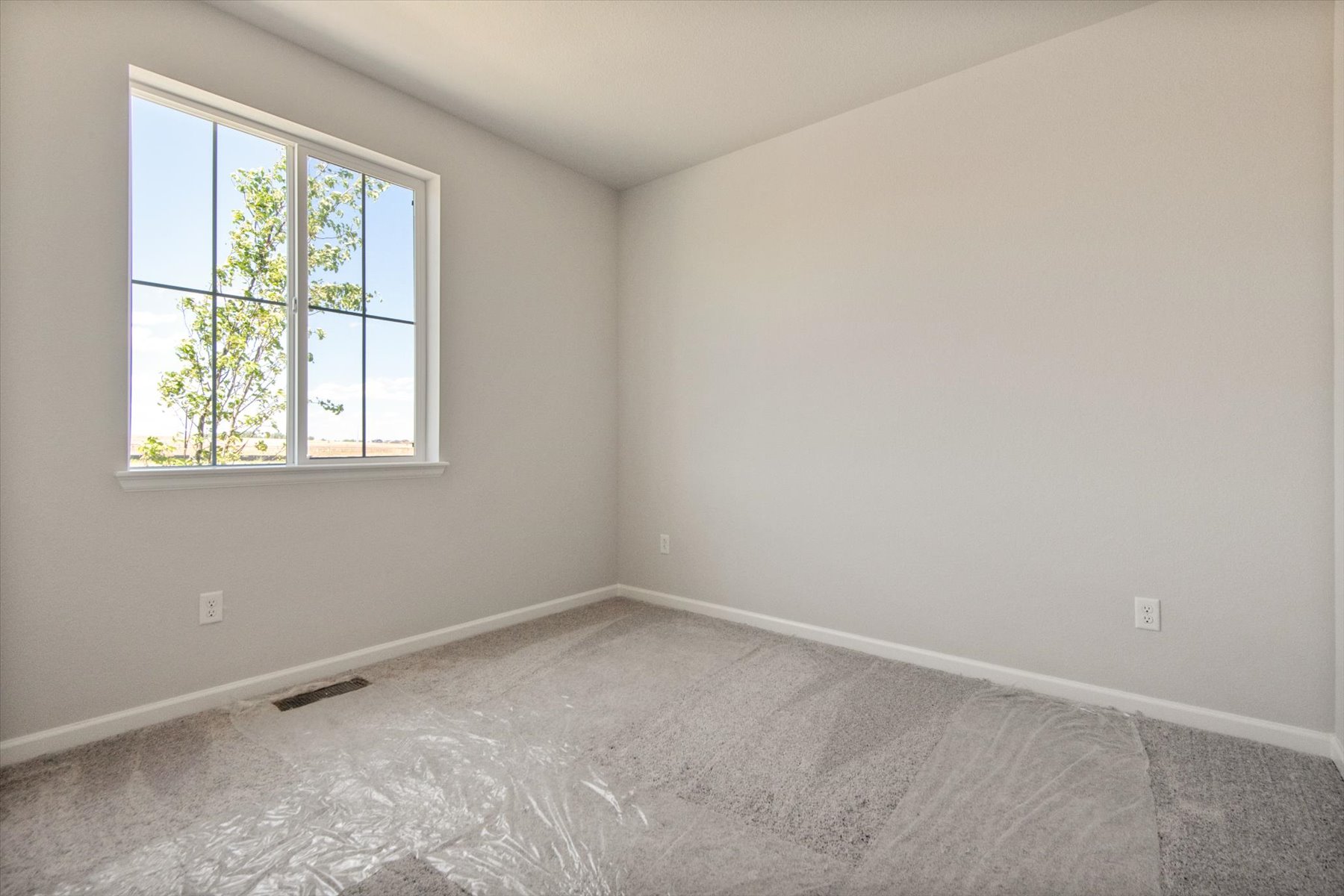 A room with a window and a rug in it.