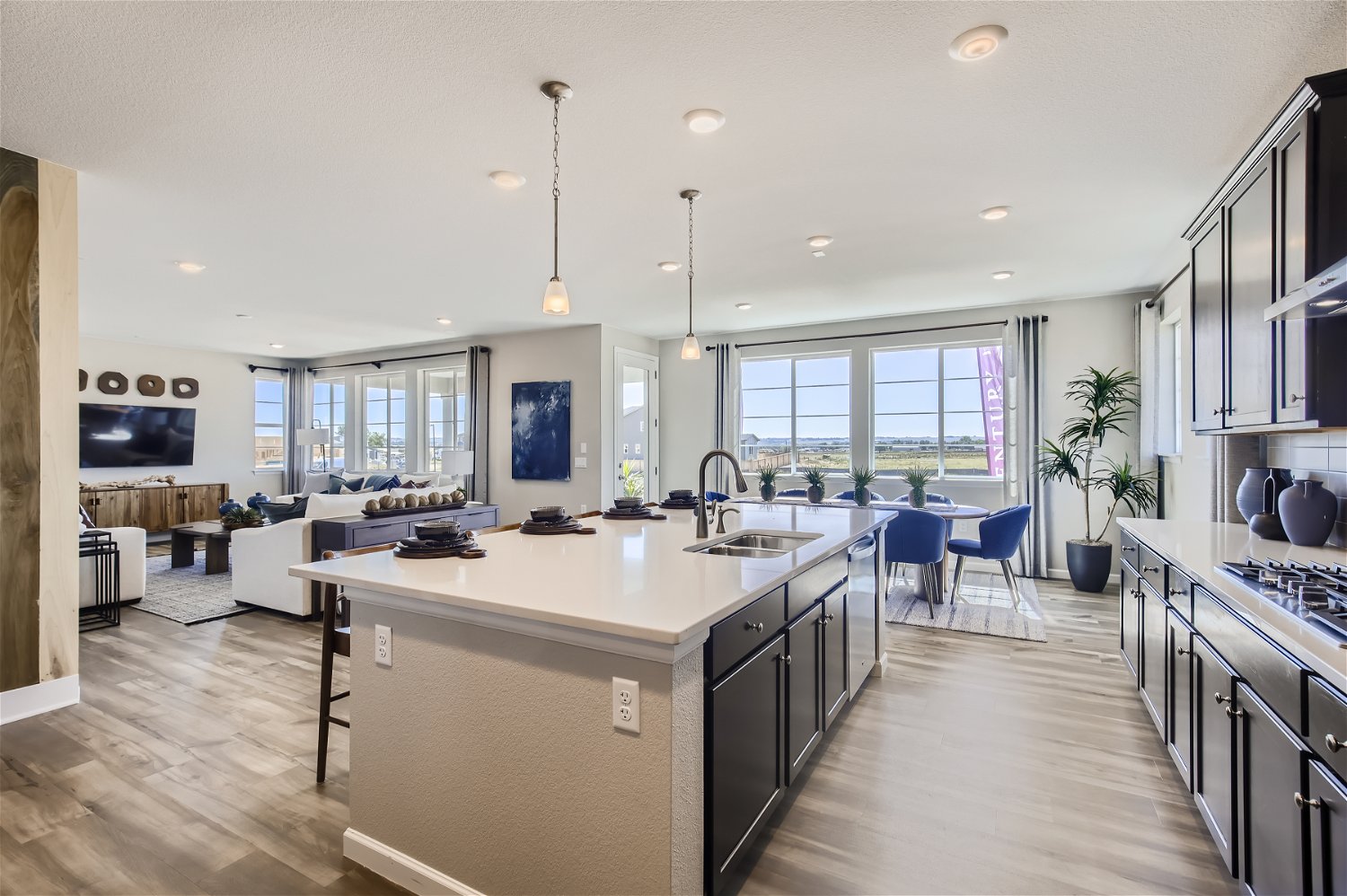 A kitchen with a large island.