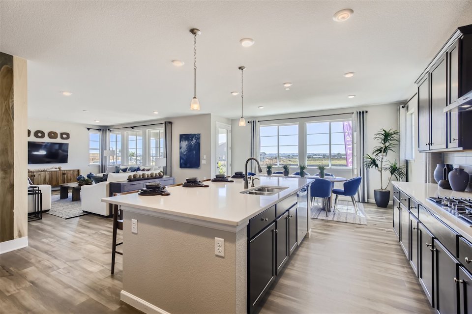 A kitchen with a large island.