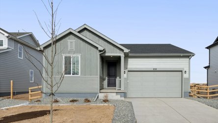 A house with garages and a tree in the front.